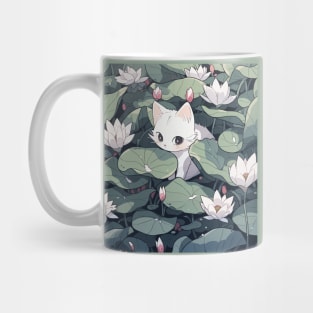 Cute white kitten in a field of lotus flowers Mug